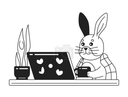 Illustration for Blanket covered rabbit near laptop black and white cute chill lo fi wallpaper. Movie night linear 2D vector cartoon character illustration, monochrome lofi anime background. Bw 90s kawaii aesthetic - Royalty Free Image