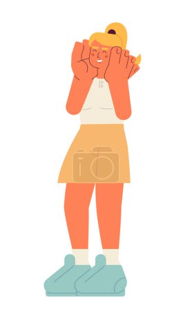 Ilustración de Deléitese con el carácter vectorial de color semi plano de la cara femenina. Atractiva chica caucásica cogida de la mano en las mejillas. Persona de cuerpo completo editable en blanco. Ilustración simple de dibujos animados para el diseño gráfico web - Imagen libre de derechos