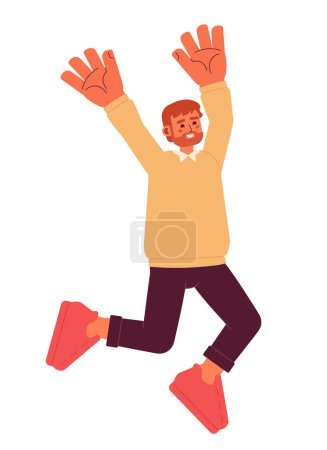 Ilustración de Hombre europeo muy alegre en la nube nueve semi plana vector de color carácter. Hombre saltando y levantando los brazos. Persona de cuerpo completo editable en blanco. Ilustración simple de dibujos animados para el diseño gráfico web - Imagen libre de derechos