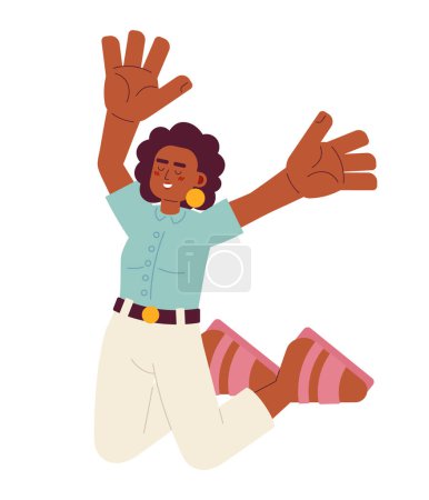 Illustration for Ecstatic woman high up jumping semi flat color vector character. Lady jump for joy. Positive emotions. Editable full body person on white. Simple cartoon spot illustration for web graphic design - Royalty Free Image