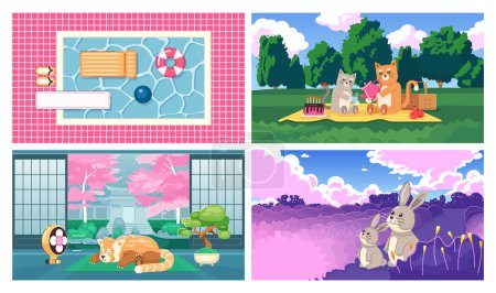 Illustration for Kawaii animals cute chill lo fi wallpapers set. Lounge zone. Swimming pool. 2D vector cartoon characters, interior, landscape illustrations, lofi anime backgrounds. 90s kawaii aesthetic, dreamy vibes - Royalty Free Image