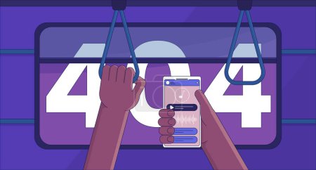 Illustration for Subway music error 404 flash message. Commuter on phone. Website landing page ui design. Not found cartoon image, dreamy vibes. Vector flat illustration concept with 90s retro background - Royalty Free Image