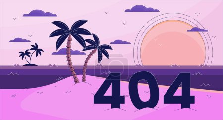 Illustration for Bay paradise error 404 flash message. Palm trees on island. Website landing page ui design. Not found cartoon image, dreamy vibes. Vector flat illustration concept with 90s retro background - Royalty Free Image