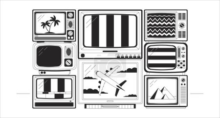 Illustration for Old tv black and white lo fi aesthetic wallpaper. Electrical appliances. TV signal noise outline 2D vector cartoon objects illustration, monochrome lofi background. Bw 90s retro album art, chill vibes - Royalty Free Image