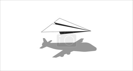 Illustration for Flying paper plane black and white lo fi aesthetic wallpaper. Shadow of plane. Traveling outline 2D vector cartoon object illustration, monochrome lofi background. Bw 90s retro album art, chill vibes - Royalty Free Image