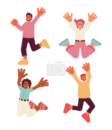 Téléchargez les illustrations : Happy people jumping semi plat couleur vecteur caractères ensemble. Des gens multinationaux. Levez les bras. Des gens de tout le corps modifiables sur blanc. Paquet d'illustration simple de tache de dessin animé pour la conception graphique Web - en licence libre de droit
