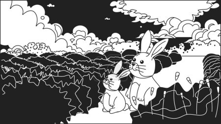 Illustration for Kawaii rabbits black and white cute chill lo fi wallpaper. Bunnies sitting. Pretty animals linear 2D vector cartoon character illustration, monochrome lofi anime background. Bw 90s kawaii aesthetic - Royalty Free Image