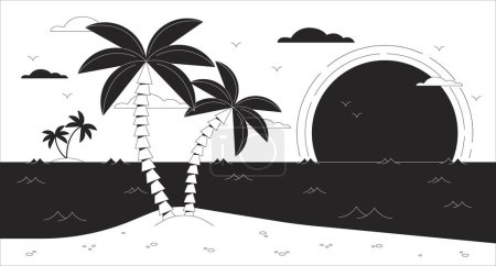 Illustration for Bay black and white lo fi aesthetic wallpaper. Sunset ocean. Beach with palm tree outline 2D vector cartoon landscape illustration, monochrome lofi background. Bw 90s retro album art, chill vibes - Royalty Free Image