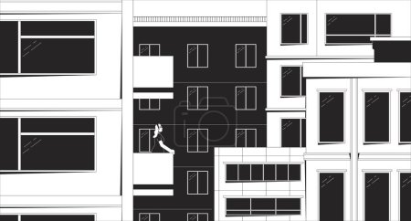 Illustration for Old town black and white lo fi aesthetic wallpaper. City buildings. Woman on balcony outline 2D vector cartoon exterior illustration, monochrome lofi background. Bw 90s retro album art, chill vibes - Royalty Free Image