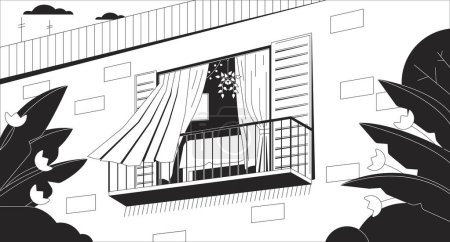 Illustration for Curtains blowing in wind from opened window black and white chill lo fi background. Balcony outline 2D vector cartoon exterior illustration, monochromatic lofi wallpaper desktop. Bw 90s retro art - Royalty Free Image