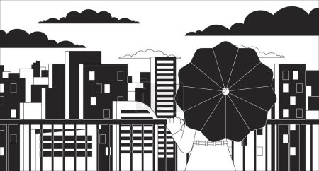 Illustration for Observation deck black and white lo fi aesthetic wallpaper. Girl on terrace with umbrella 2D vector cartoon cityscape illustration, monochrome lofi background. Bw 90s retro album art, chill vibes - Royalty Free Image