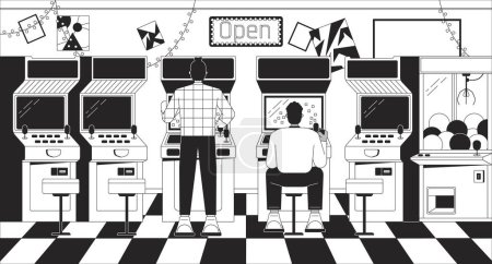 Illustration for Arcade video gaming black and white lo fi aesthetic wallpaper. Old school machines outline 2D vector cartoon objects illustration, monochrome lofi background. Bw 90s retro album art, chill vibes - Royalty Free Image