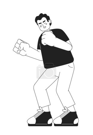 Illustration for Excited man clenching fists monochromatic flat vector character. Young man. Positive emotions. Editable thin line full body person on white. Simple bw cartoon spot image for web graphic design - Royalty Free Image
