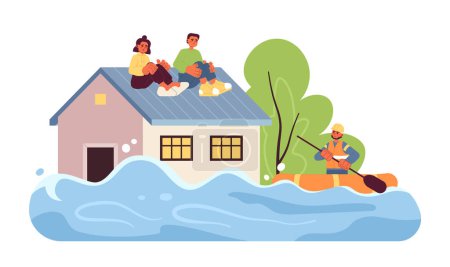 Flood flat concept vector spot illustration. People sitting on roof. Rescue mission. Flowing water 2D cartoon scene on white for web UI design. Natural disaster isolated editable creative image