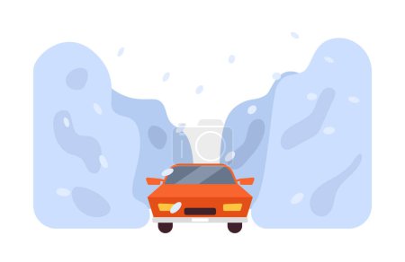 Ilustración de Blizzard plano concepto vector spot ilustración. Coche huyendo de la fuerte tormenta de nieve 2D escena de dibujos animados en blanco para el diseño de interfaz de usuario web. Desastre natural imagen creativa editable aislada - Imagen libre de derechos
