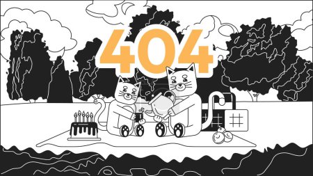 Illustration for Kittens in picnic black white error 404 flash message. Drinking tea in park. Monochrome website landing page ui design. Not found cartoon image, kawaii vibes. Vector flat outline illustration concept - Royalty Free Image
