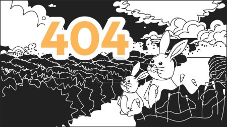 Illustration for Dreamy rabbits looking on sky black white error 404 flash message. Monochrome website landing page ui design. Not found cartoon image, kawaii vibes. Vector flat outline illustration concept - Royalty Free Image