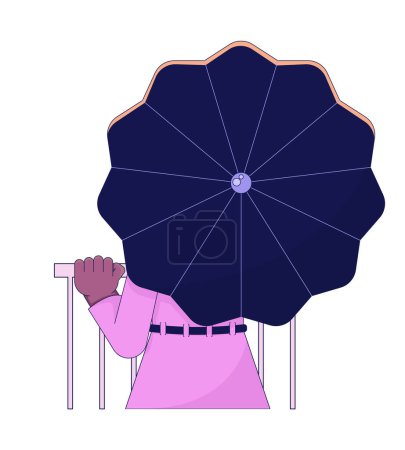 Téléchargez les illustrations : Femme sous parapluie ligne plate couleur vecteur caractère. Couverture de pluie. Plan modifiable personne du corps entier sur blanc. Illustration simple de spot de dessin animé pour la conception graphique web - en licence libre de droit