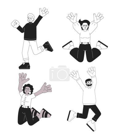 Illustration for Happy people jumping monochromatic flat vector characters set. Multinational people. Raising arms up. Editable full body people on white. Simple cartoon spot illustration pack for web graphic design - Royalty Free Image