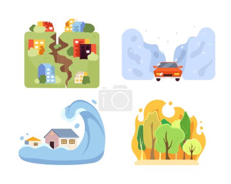 Illustration for Natural disasters flat concept vector spot illustrations set. Earthquake, tsunami, forest fire and blizzard 2D cartoon scenes on white for web UI design. Isolated editable creative images collection - Royalty Free Image