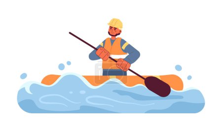 Ilustración de Salvavidas en barco inflable concepto plano vector spot ilustración. Hombre remando y salvando a la gente durante la inundación 2D personaje de dibujos animados en blanco para el diseño de interfaz de usuario web. Imagen de héroe creativo editable aislado - Imagen libre de derechos