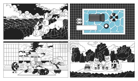 Illustration for Kawaii animals black and white cute chill lo fi wallpapers set. Swimming pool linear 2D vector cartoon interior, landscape illustration, monochrome lofi anime background. Bw 90s kawaii aesthetic - Royalty Free Image