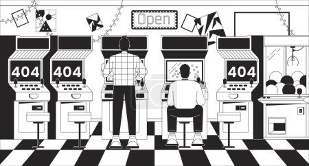Illustration for Man playing arcade black white error 404 flash message. Video gaming machine. Monochrome website landing page ui design. Not found cartoon image, dreamy vibes. Vector flat outline illustration concept - Royalty Free Image