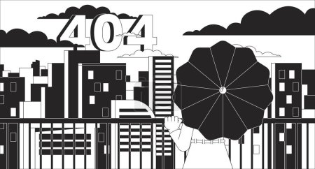 Illustration for Looking on city from terrace black white error 404 flash message. Woman under umbrella. Monochrome website landing page ui design. Not found cartoon, dreamy vibes. Vector flat outline illustration - Royalty Free Image
