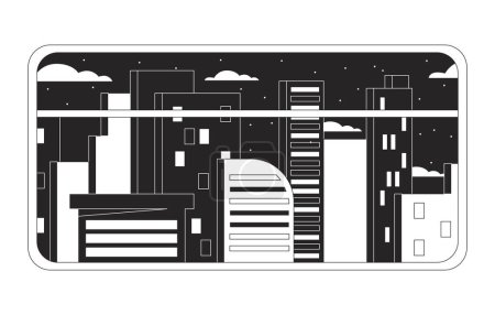 Ilustración de Noche de la ciudad en blanco y negro chill lo fi fondo. Subway ventana vista lineal 2D vector de dibujos animados ilustración del paisaje urbano, escritorio lofi monocromático. Bw 90 arte retro - Imagen libre de derechos
