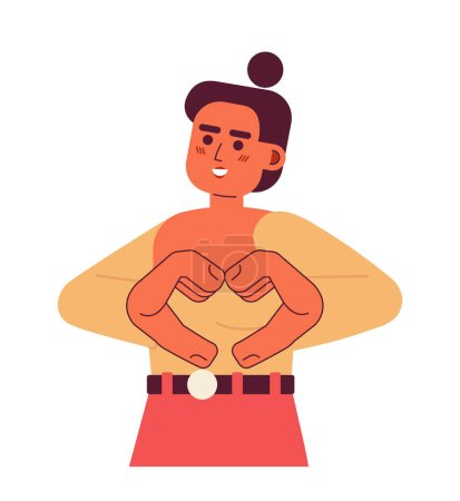 Ilustración de Manos gesto semi plano color vector carácter. Mujer latina linda mostrando el signo del corazón. Comparte el amor. Sonriendo. Persona de medio cuerpo editable en blanco. Ilustración simple de dibujos animados para el diseño gráfico web - Imagen libre de derechos