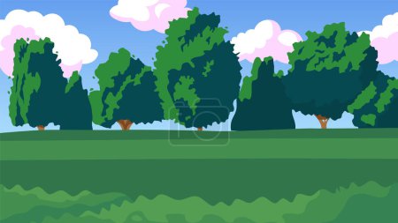 Illustration for Park cute kawaii lo fi background. Summer. Green grass and trees. Good weather 2D vector cartoon landscape illustration, lofi aesthetic wallpaper desktop. Japanese anime scenery, dreamy vibes - Royalty Free Image
