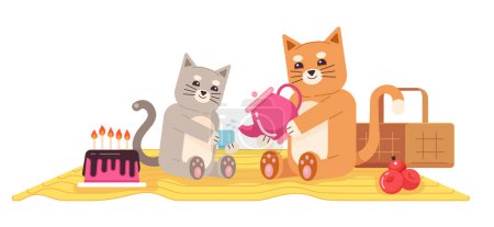 Illustration for Cats on picnic flat concept vector spot illustration. Drinking tea. Celebrating birthday. Pets on blanket 2D cartoon characters on white for web UI design. Isolated editable creative hero image - Royalty Free Image
