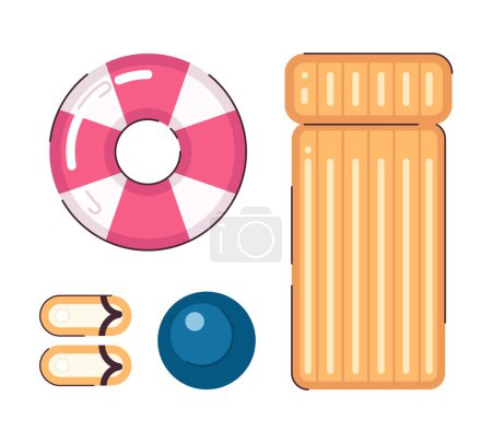 Illustration for Pool set flat concept vector spot illustration. Summer sandals, ball, lifebelt and inflatable mattress 2D cartoon objects on white for web UI design. Isolated editable creative image - Royalty Free Image