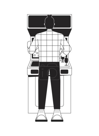 Illustration for Young man playing arcade flat line black white vector character. Leisure. Hobbie. Editable outline full body person. Simple cartoon isolated spot illustration for web graphic design - Royalty Free Image