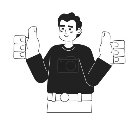 Illustration for Man showing all right gesture monochromatic flat vector character. Sincere smile. Optimistic. Editable thin line half body person on white. Simple bw cartoon spot image for web graphic design - Royalty Free Image