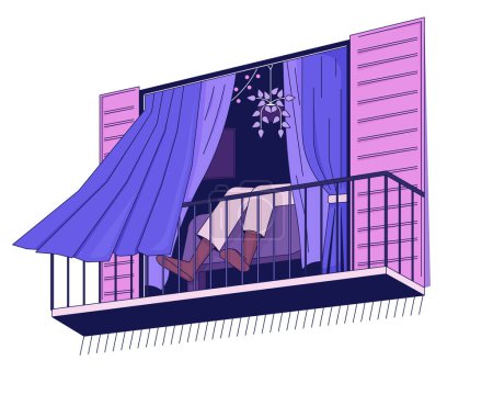 Illustration for Person relaxing flat line concept vector spot illustration. Balcony view. Wind blow curtains 2D cartoon outline character on white for web UI design. Editable isolated color hero image - Royalty Free Image