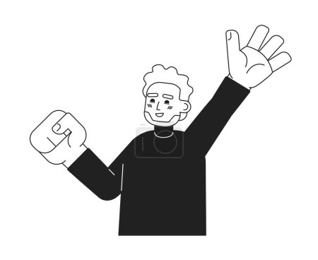 Ilustración de Hombre indio alegre monocromático personaje vector plano. Levantando la mano. Muestra emociones. Persona feliz. Editable persona de línea delgada de medio cuerpo en blanco. Simple imagen spot de dibujos animados bw para el diseño gráfico web - Imagen libre de derechos