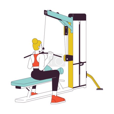 Illustration for Woman pulling bar down on lat pulldown machine flat line color vector character. Editable outline full body person on white. Build stronger back simple cartoon spot illustration for web graphic design - Royalty Free Image