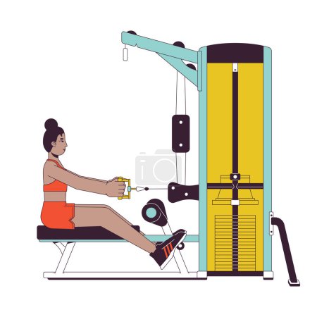 Illustration for Woman in starting position on seated row machine flat line color vector character. Editable outline full body person on white. Upper arm muscles simple cartoon spot illustration for web graphic design - Royalty Free Image