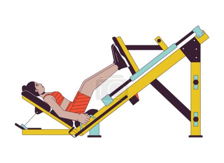 Illustration for Woman extending legs on press machine flat line color vector character. Editable outline full body person on white. Strength-building activity simple cartoon spot illustration for web graphic design - Royalty Free Image