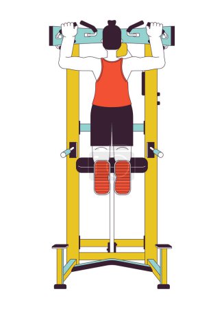 Illustration for Man pulling up on pullup machine flat line color vector character. Editable outline full body person on white. Bodyweight exercise sportsman simple cartoon spot illustration for web graphic design - Royalty Free Image