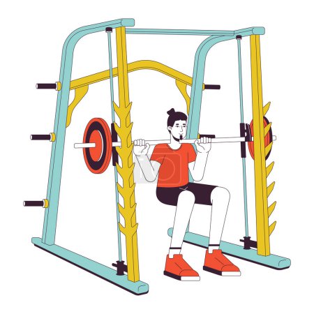 Illustration for Man doing squats in power rack flat line color vector character. Editable outline full body person on white. Gym guy. Heavyweight movement simple cartoon spot illustration for web graphic design - Royalty Free Image