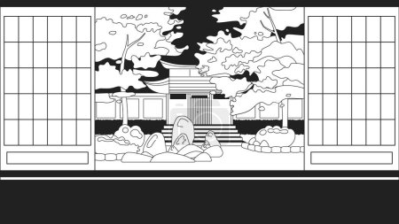 Téléchargez les illustrations : Chambre japonaise intérieur bw mignon kawaii lo fi fond. Sakura jardin monochromatique 2D vecteur dessin animé illustration intérieure, fond d'écran esthétique lofi bureau. linéaire japonais anime paysage - en licence libre de droit