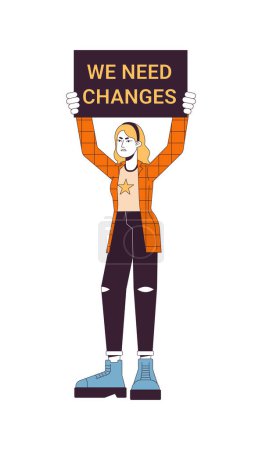 Illustration for Caucasian woman holding banner flat line color vector character. Need changes signboard. Editable outline full body person on white. Protest simple cartoon spot illustration for web graphic design - Royalty Free Image