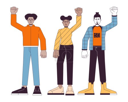 Illustration for Multinational people peaceful demonstration flat line color vector characters. Raising hand. Editable outline full body person on white. Protest simple cartoon spot illustration for web graphic design - Royalty Free Image