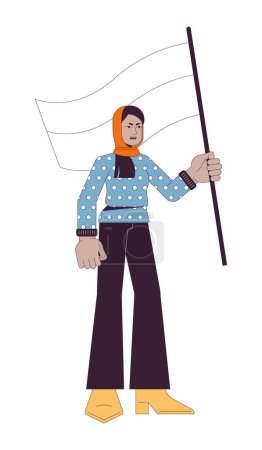 Illustration for Muslim woman holding flag flat line color vector character. Demonstration. Unhappy girl. Editable outline full body person on white. Protest simple cartoon spot illustration for web graphic design - Royalty Free Image