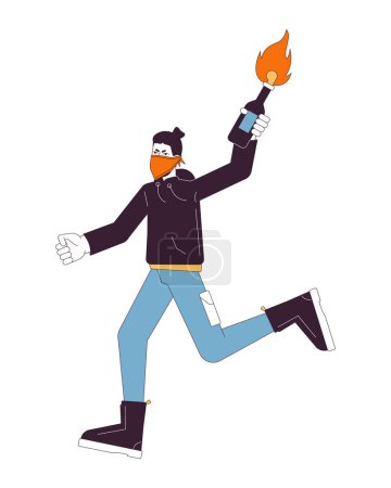 Illustration for Rebel throws molotov cocktail flat line color vector character. Protester bandana on face. Editable outline full body person on white. Protest simple cartoon spot illustration for web graphic design - Royalty Free Image