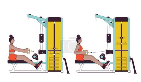 Illustration for Working out on seated row machine flat line vector spot illustration. Female 2D cartoon outline character on white for web UI design. Prevent back pain exercise editable isolated color hero image - Royalty Free Image