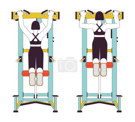 Illustration for Working out on assisted pull up machine flat line vector spot illustration. Gym woman 2D cartoon outline character on white for web UI design. Strength training editable isolated color hero image - Royalty Free Image