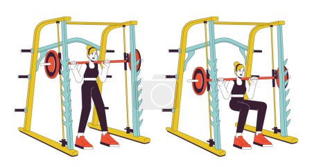 Illustration for Working out on weight power rack flat line vector spot illustration. Smith machine sportswoman 2D cartoon outline character on white for web UI design. Athletic editable isolated color hero image - Royalty Free Image